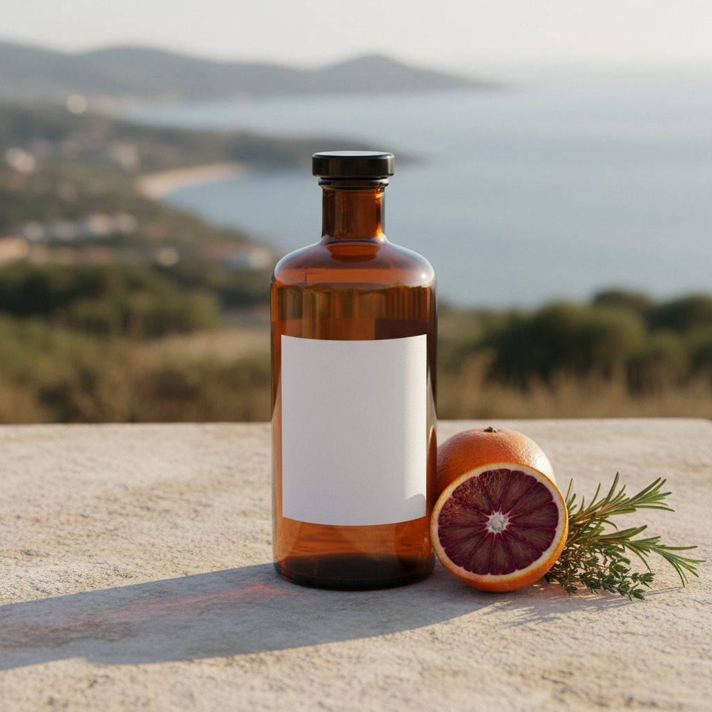 Eine braune Apothekerflasche mit weißem Etikett steht auf einer Steinplatte, daneben liegen eine halbe Blutorange und Rosmarinzweige vor einer verschwommenen Küstenlandschaft.